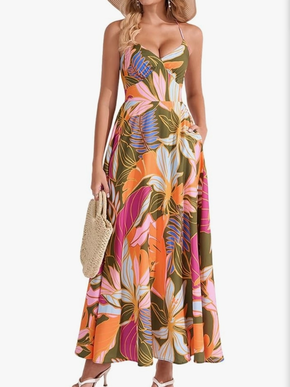 Floral Tropical Spaghetti-Strap Maxi Dress - Olive Multi